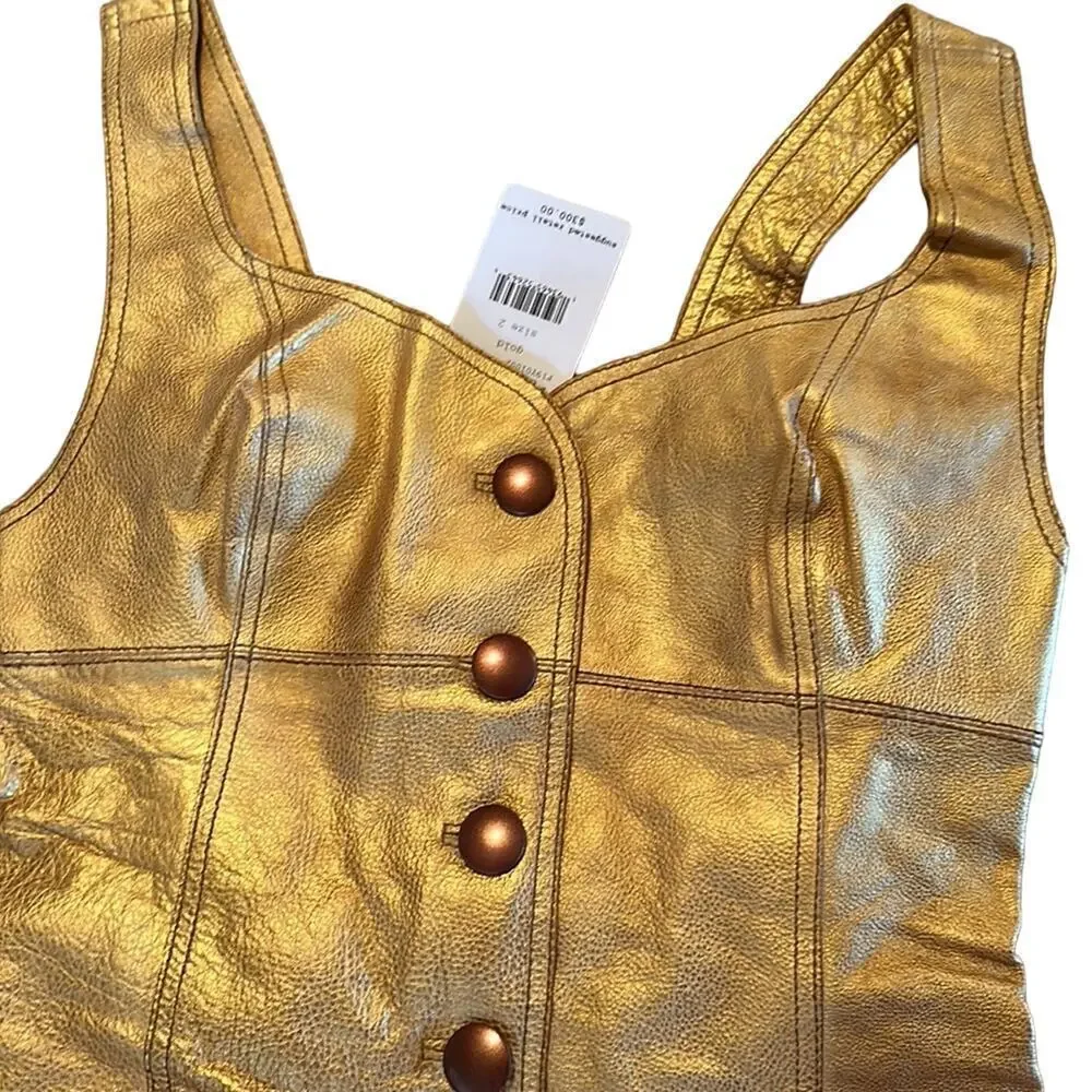 Free People Womens Goldie Metallic Leather Sweetheart Neckline Dress Size 2 Gold